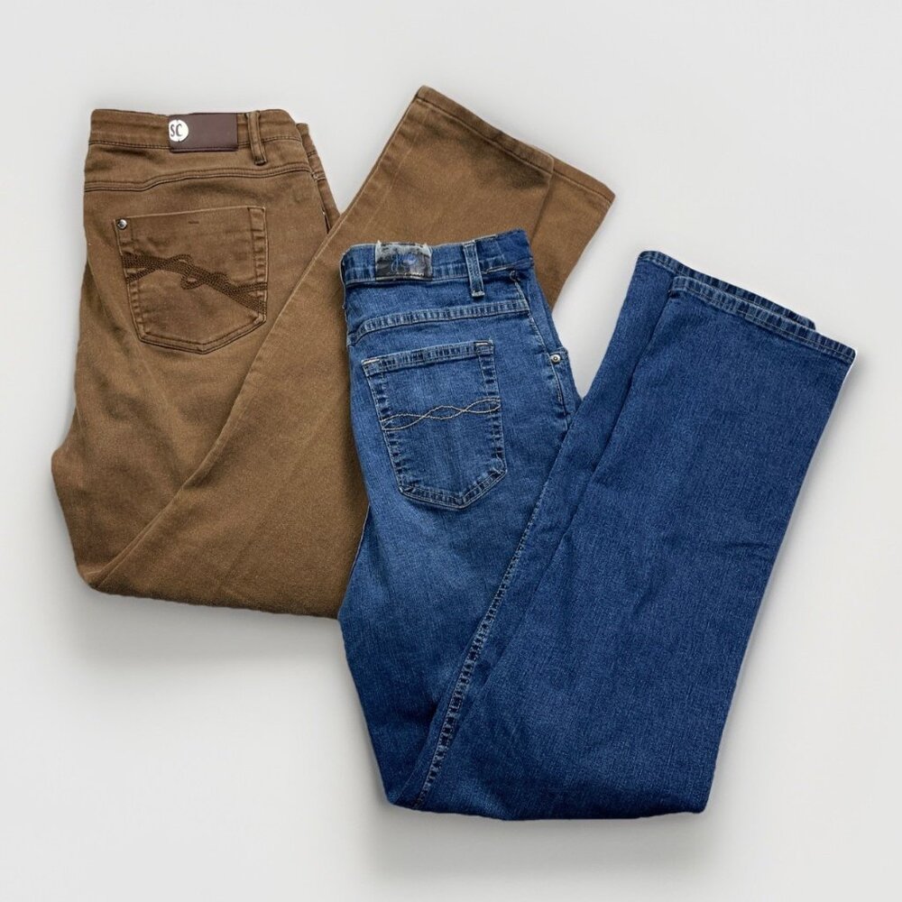 Lot of x2 Y2K Simon Chang Women's Denim Jeans Size 16 Tan Brown & Blue